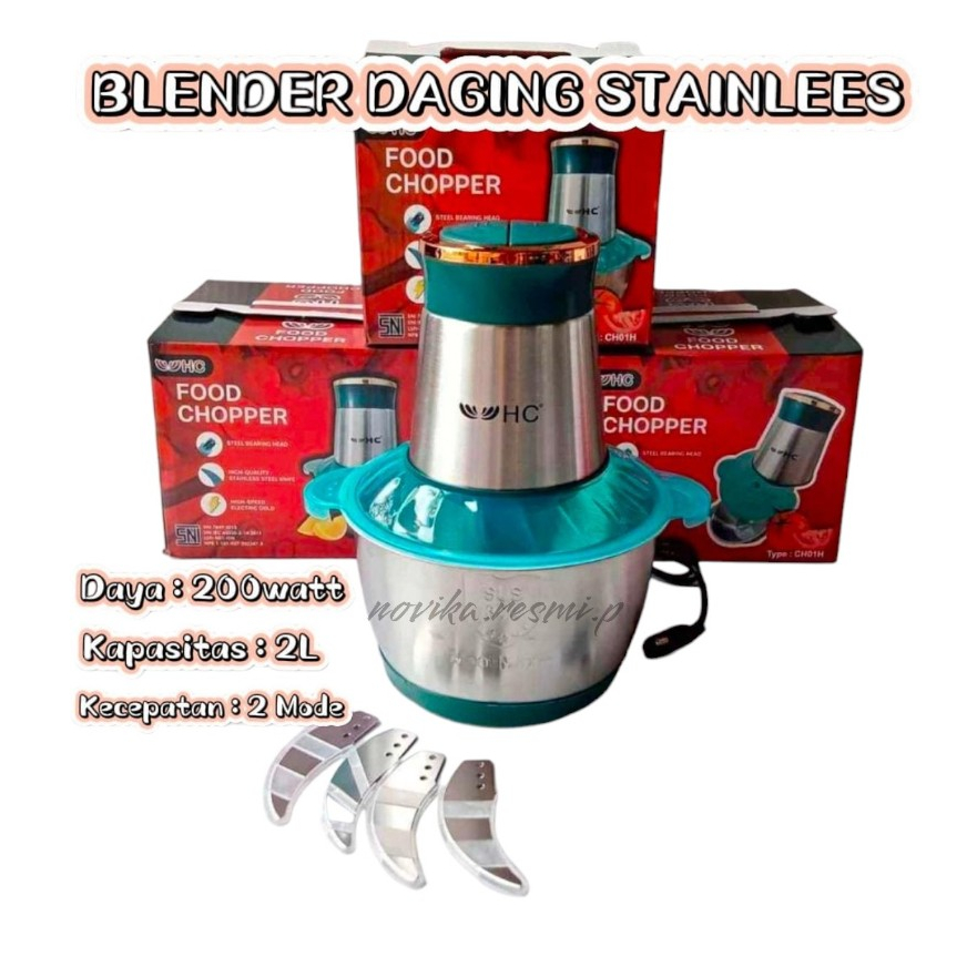 BLENDER DAGING STAINLESS HC 2 LITER FOOD CHOPPER MULTIFUNGSI 3 MATA PISAU TAJAM