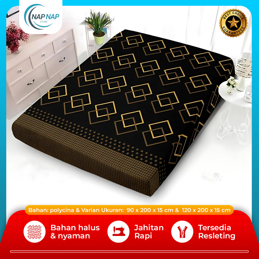 Sarung Kasur Busa Resleting Motif Square Gold Ukuran 90x200 & 120x200 Bahan Polycina