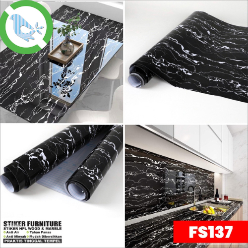 PROMO - Stiker PVC Sheet Pelapis Furnitur Alternatif Pengganti HPL Motif Marmer Glossy Hitam Lebar 1