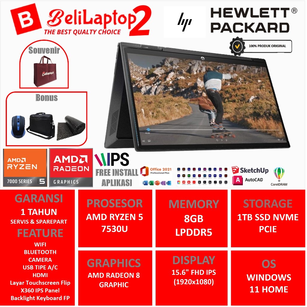 Laptop Hp Envy X360 15 Amd Ryzen 5 Gen 7  RAM 8GB SSD 1TB 15.6 Full Hd iPS Touchscreen