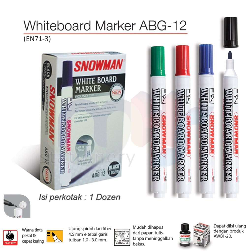 

SNOWMAN ABG-12 Spidol Papan Tulis Dapat Dihapus Whiteboard Marker Hitam Biru Merah