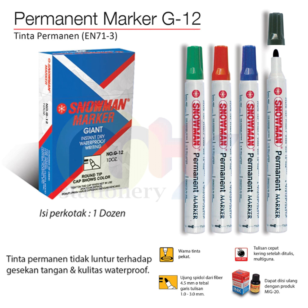 

Snowman Spidol Permanen Marker G-12 Hitam Biru Merah Hijau