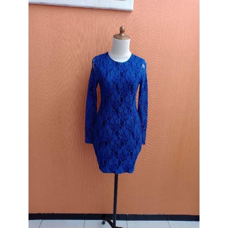 mini dress wanita biru elektrik birel brokat MANGO cewek S bodycon M lengan panjang MEWAH