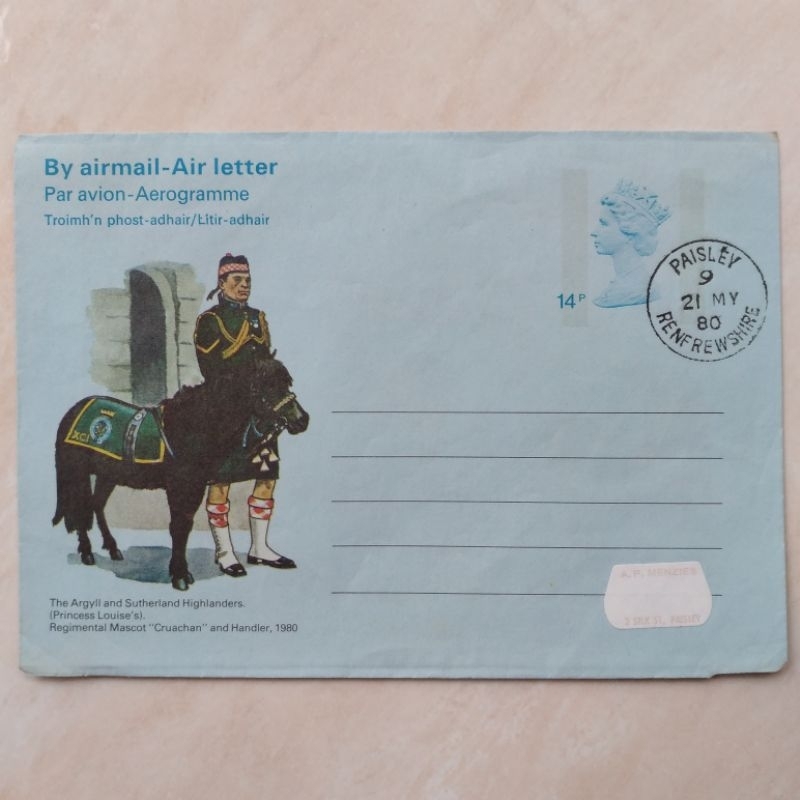 

Koleksi Filateli Aerogramme UK Inggris 1980 Argyl and Sutherland Highlanders - YN1853