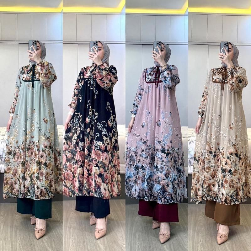 One Set Setelan Long Tunik Ceruty Babydoll Motif Floral Full Fusring Premium Celana Panjang Bahan Cr