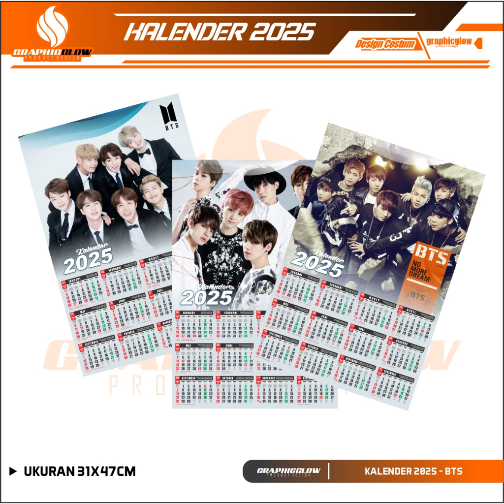 

POSTER KALENDER 2025 MOTIF K-POP BTS UKURAN 32X48CM KIM K-POP BTS CALENDER 2025
