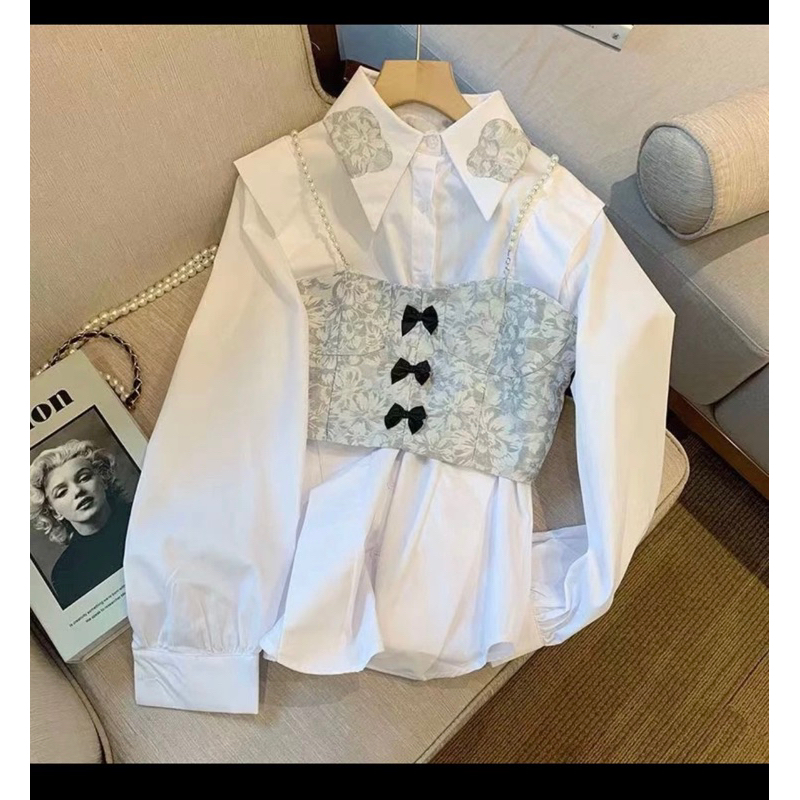 blouse korea kemeja kemeja wanita tipis keren french chic kemeja dua potong suspender