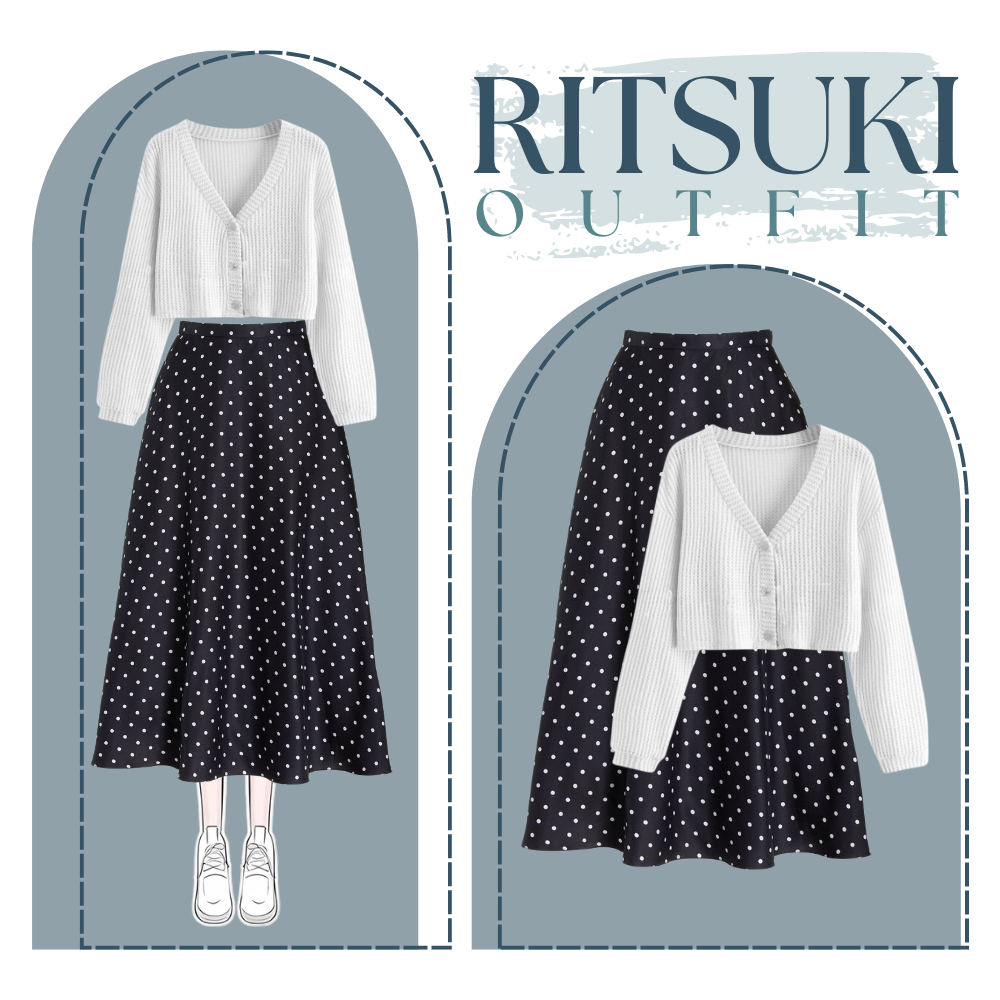 One Set Korean Style Wanita Kekinian | Sweater Putih dan Rok Polkadot Hitam Panjang | EA33 Ritsuki