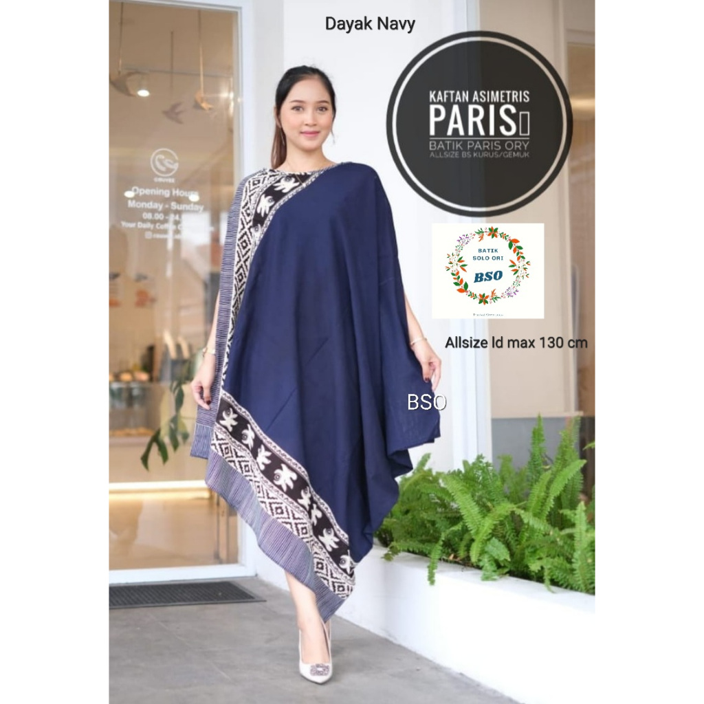 Asimetris Kaftan Paris Dayak Navy. Kaftan Batik Paris Navy jumbo size by BATIKSOLOORI bisa COD