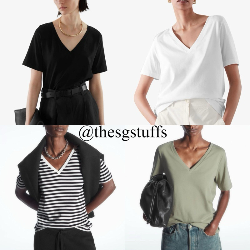 COS 24/7 V Neck T-shirt/baju kaos wanita cos store warna putih hitam sage polos stripe black