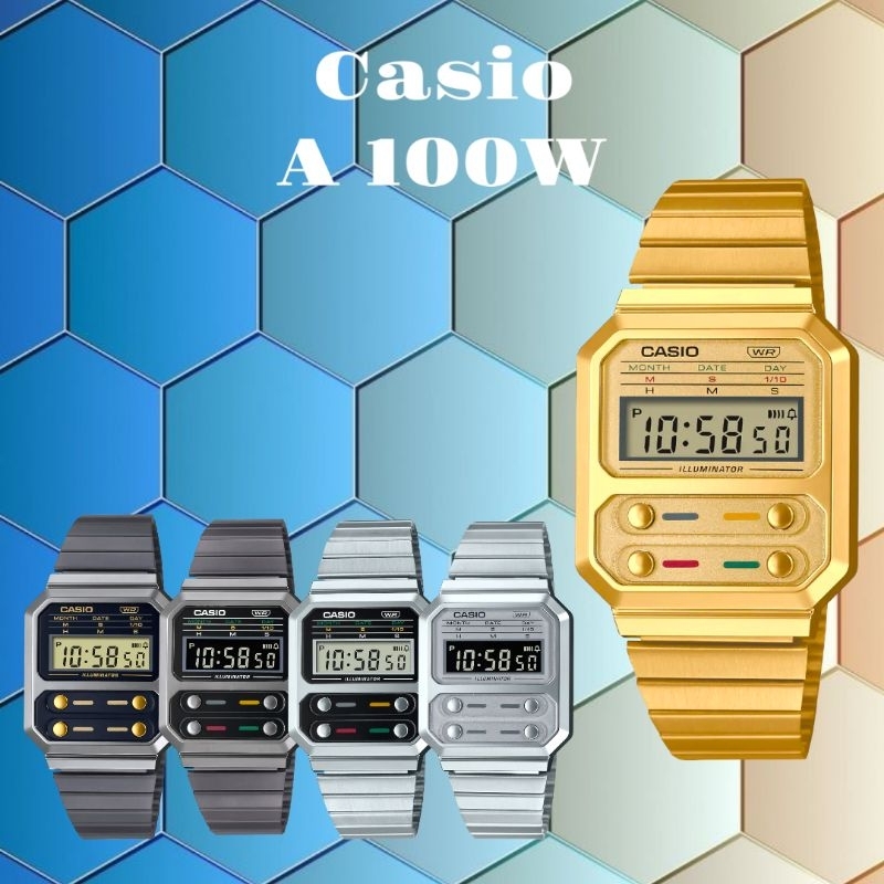 Jam tangan CASIO  UNISEX (Pria/wanita), A 100W, Digital, stainless steel, ORIGINAL, bergaransi resmi