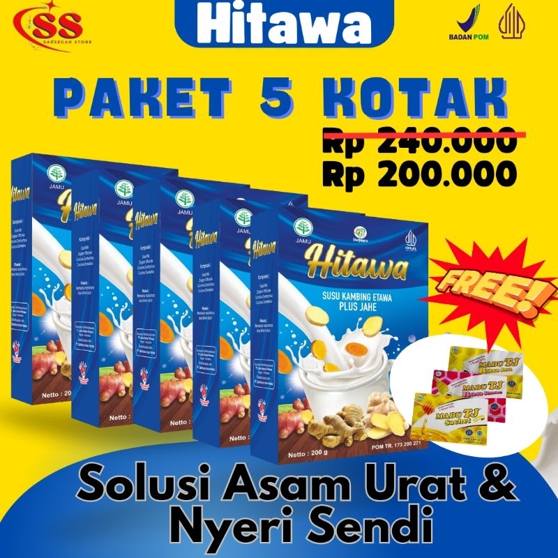 

[ HITAWA PAKET 5 KOTAK free MADU] Susu Kambing Etawa Ku Jahe Atasi Asam Urat Nyeri Sendi Pegel Linu