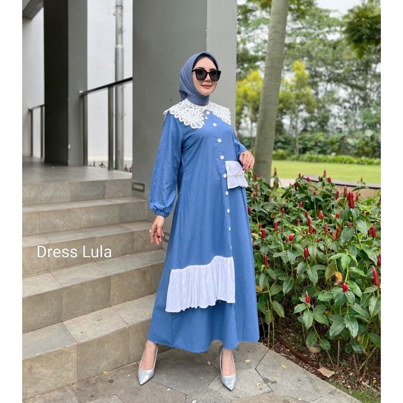 By Vienara Dress Lula Dengan Renda rempel Dress Gamis Blue Denim kerah korea