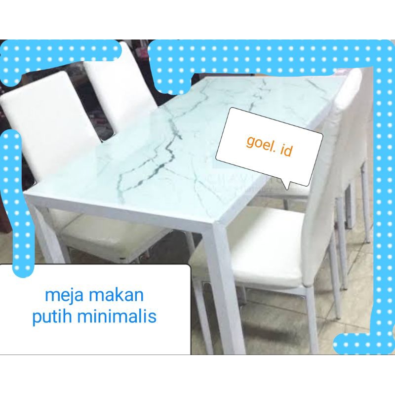 MEJA MAKAN PUTIH 4 KURSI MOTIF KACA MARMER MINIMALIS / KURSI 4 DAN MEJA MAKAN PUTIH CORAK MARMER