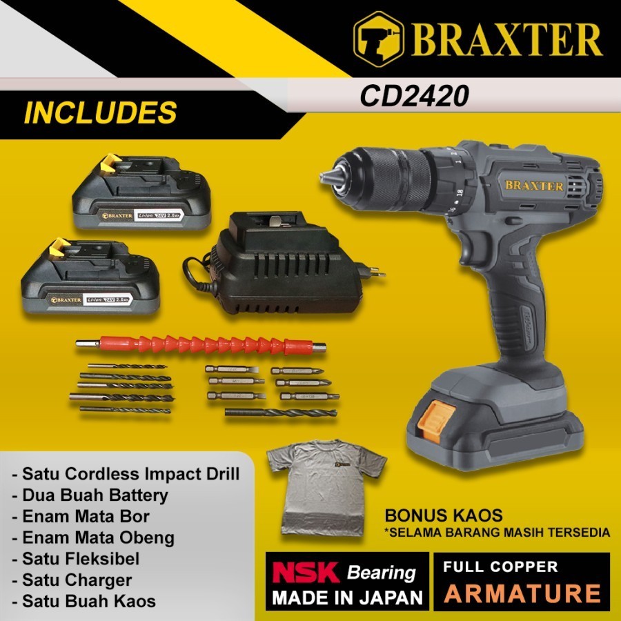 BRAXTER MESIN BOR CORDLESS 13MM BOR BATERAI 24V BOR CAS 2 BATERAI BRAXTER BOR TEMBOK CORDLESS