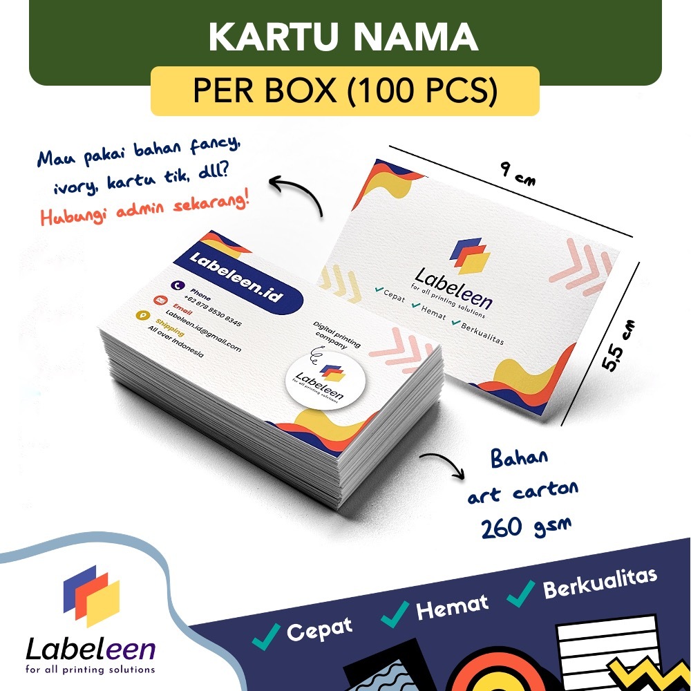 

Cetak Kartu Nama per Box (isi 100 pcs) AC 260 laminasi gloss/ doff