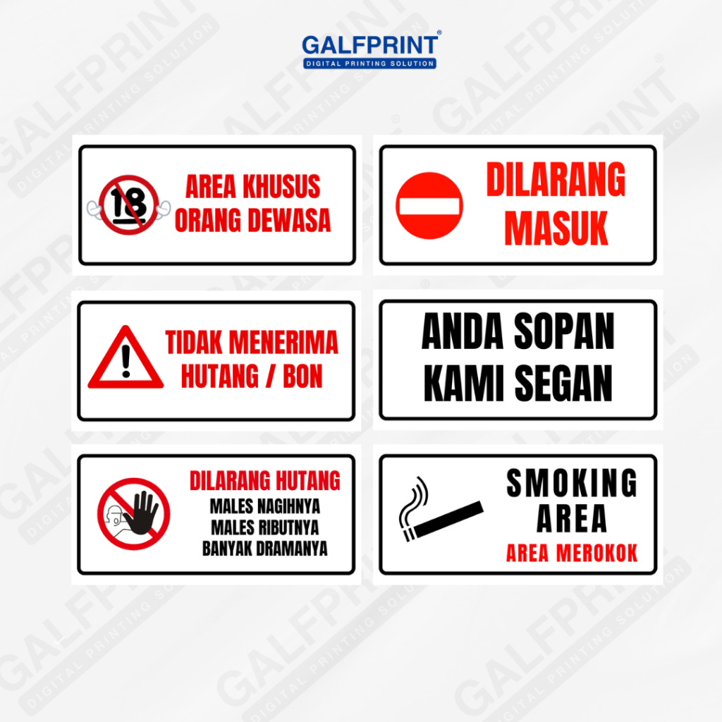 

GALFPRINT JASA CETAK CUSTOM STICKER SIGN / STIKER RAMBU PERINGATAN / STIKER DEKORASI / BISA CUSTOM / 10X20 CM