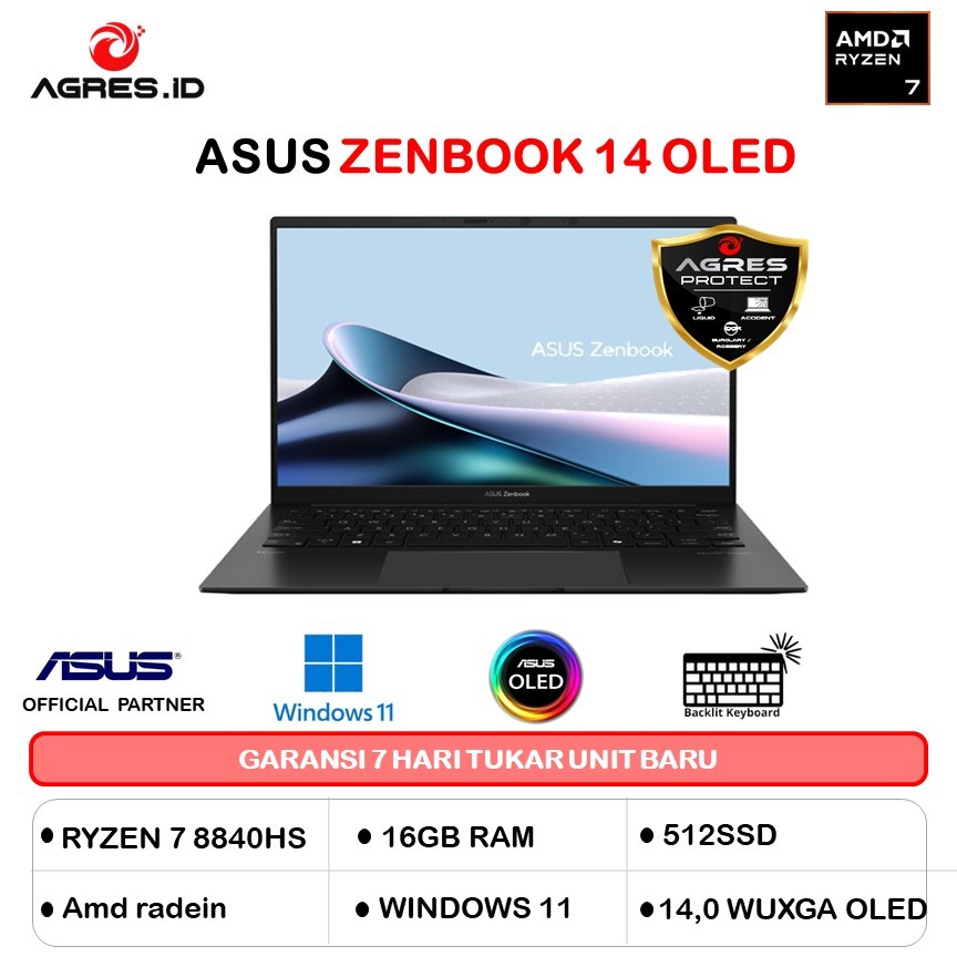 ASUS ZENBOOK 14 OLED UM3406HA RYZEN 7 8840HS 16GB 512GB W11PRO+OHS 14.0 WUXGA NPAD BLK -OLED753