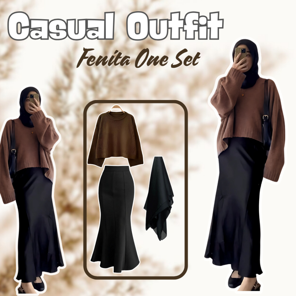 Fenita OneSet Style Kekinian OOTD Remaja Perempuan Outfit Daily Nongki Sweater Rok Mermaid dan Hijab