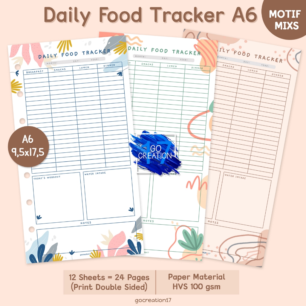 

Buku Planner Refill Kertas Binder Daily Food Tracker Motif Premium A6