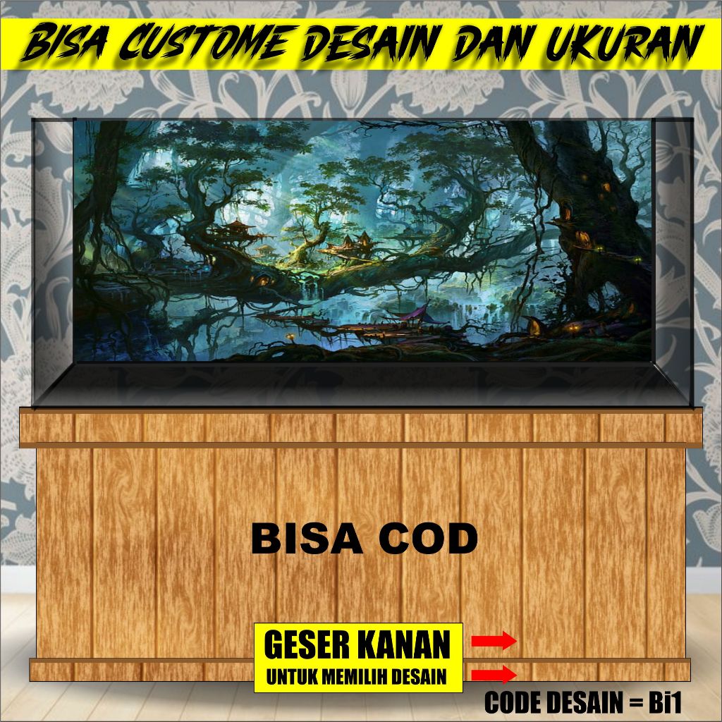 stiker background aquarium 3d timbul custome jumbo kaca akrilik besar full set nature alam  bi