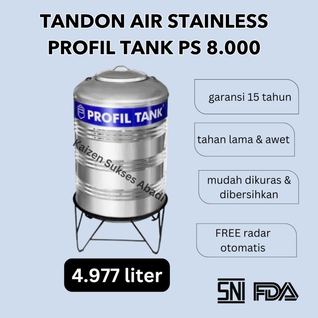 Tandon tangki toren air  stainless stenlis steel dengan kaki merek profil tank ps 8000 kapasitas 490