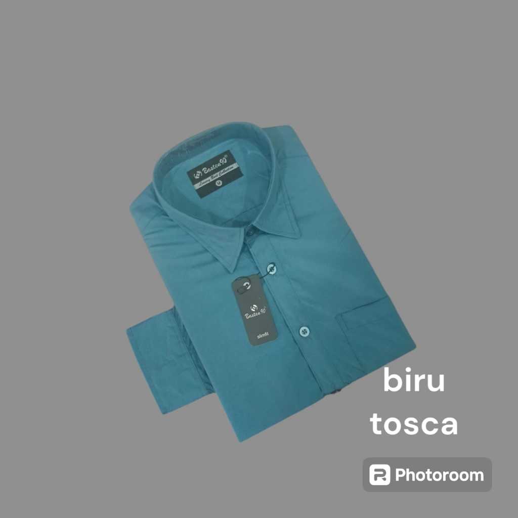 Kemeja Polos Pria Lengan Panjang Warna Biru Tosca