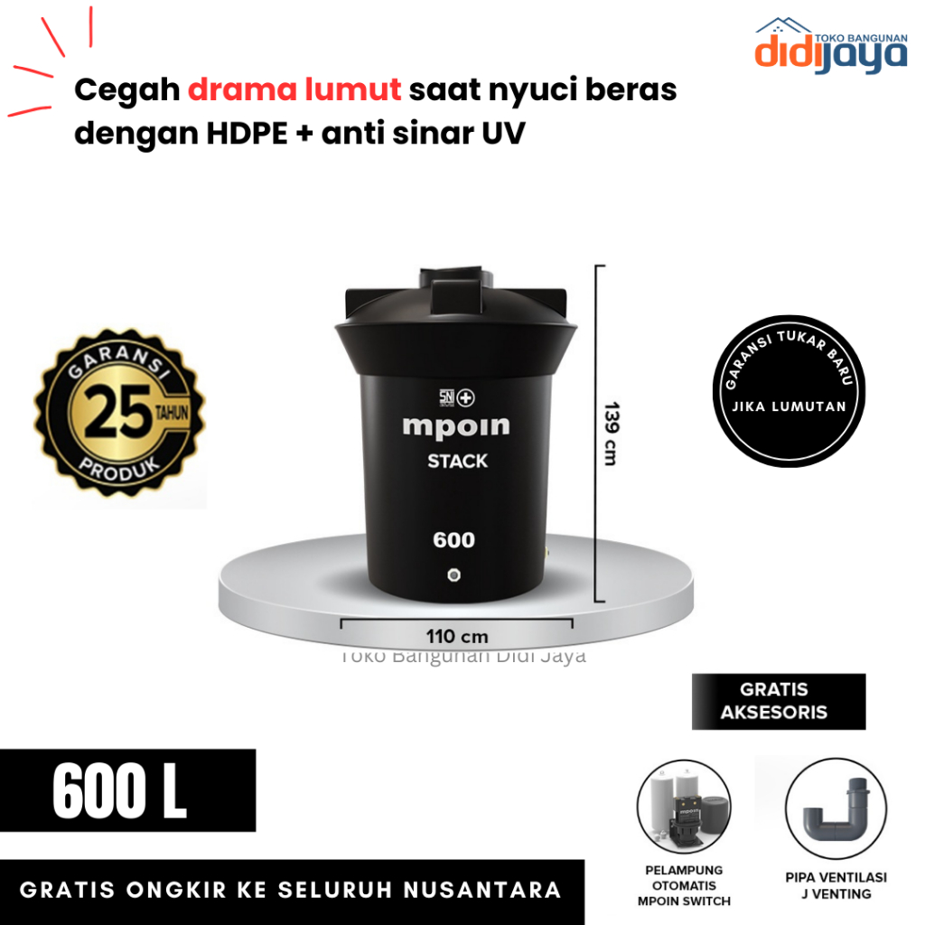 Toren Tandon Air MPOIN Stack 600 Anti Bakteri | Tandon Air Anti Lumut | Garansi 25 Tahun