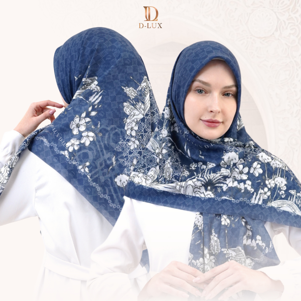 Jilbab Segi Empat Motif Teduh Series Navy by Dlux Hijab Voal