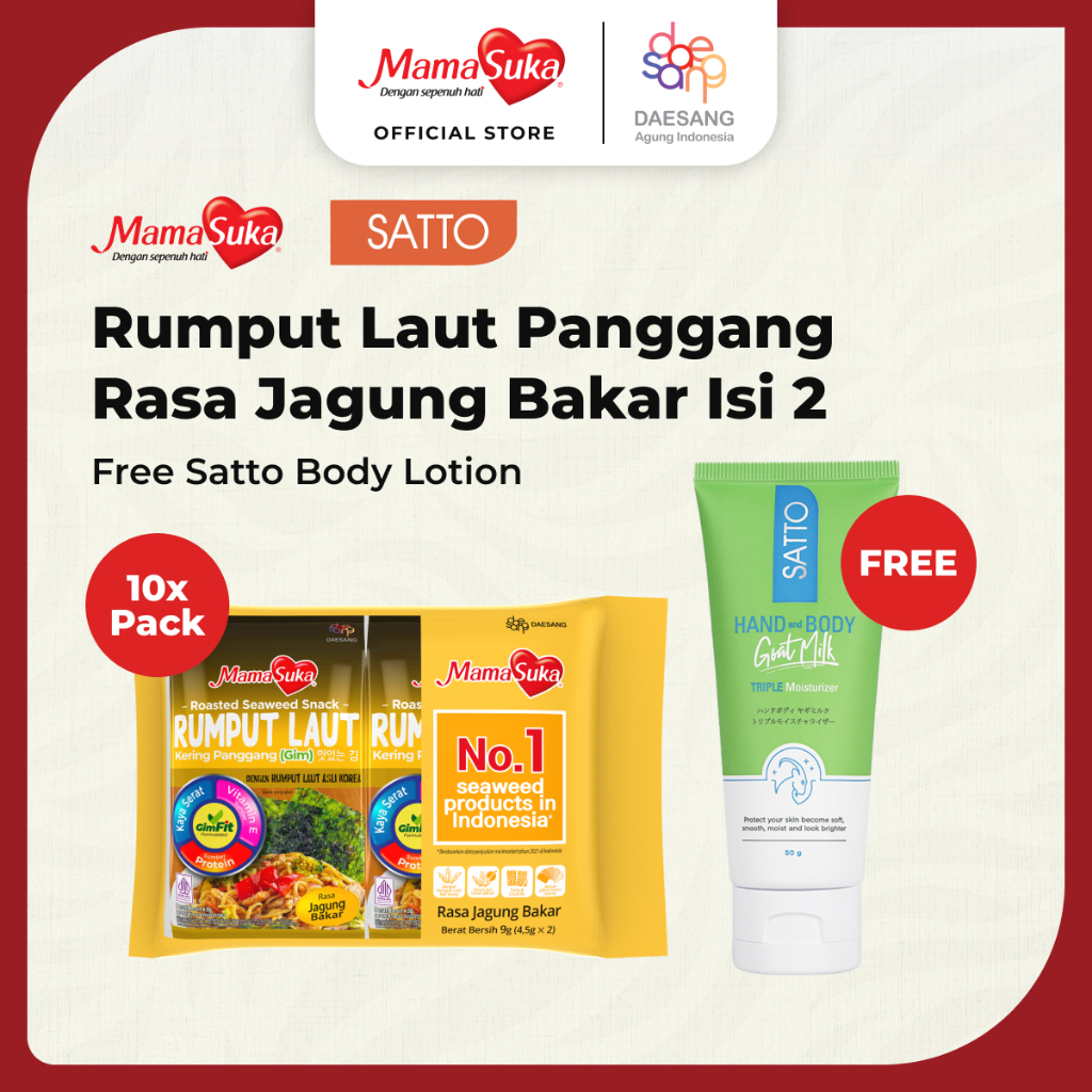

MamaSuka X Satto - Rumput Laut Panggang Jagung Bakar Isi 2 Free Body Lotion