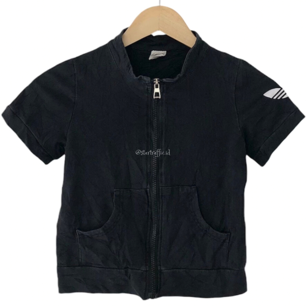 BAJU CROP JACKET CASUAL BLACK ADIDAS D 9 STAND PENDEK REGULAR POCKET