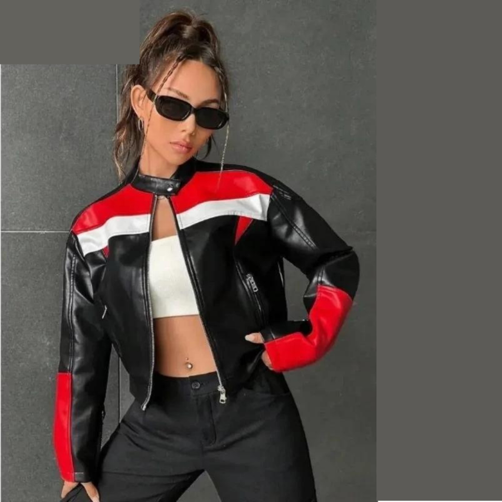 Leather crop Jacket Motorcycle Three tone  / jaket kulit wanita tiga warna Merah puthih hitam