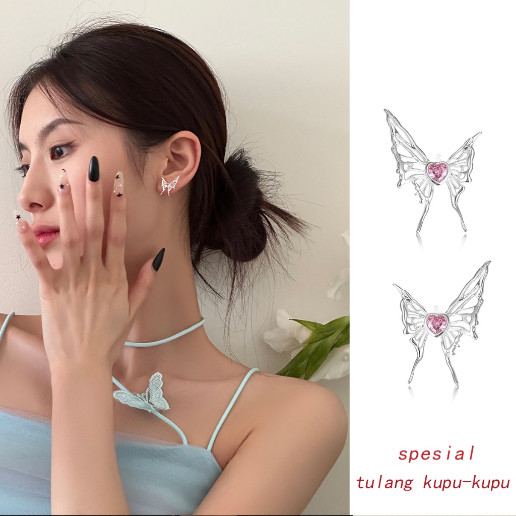 Ear Partner Anting tulang kupu-kupu khusus wanita temperamen manis berbentuk hati berwarna merah mud