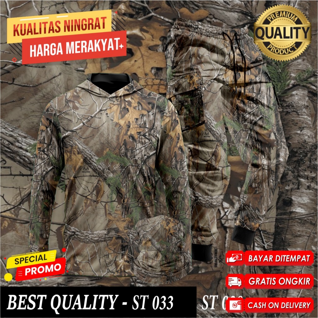 Setelan Baju Camo Hoodie Berburu Hunting Baju Berburu Hutan Kamuflase 1 Set Buff Celana Camo ST