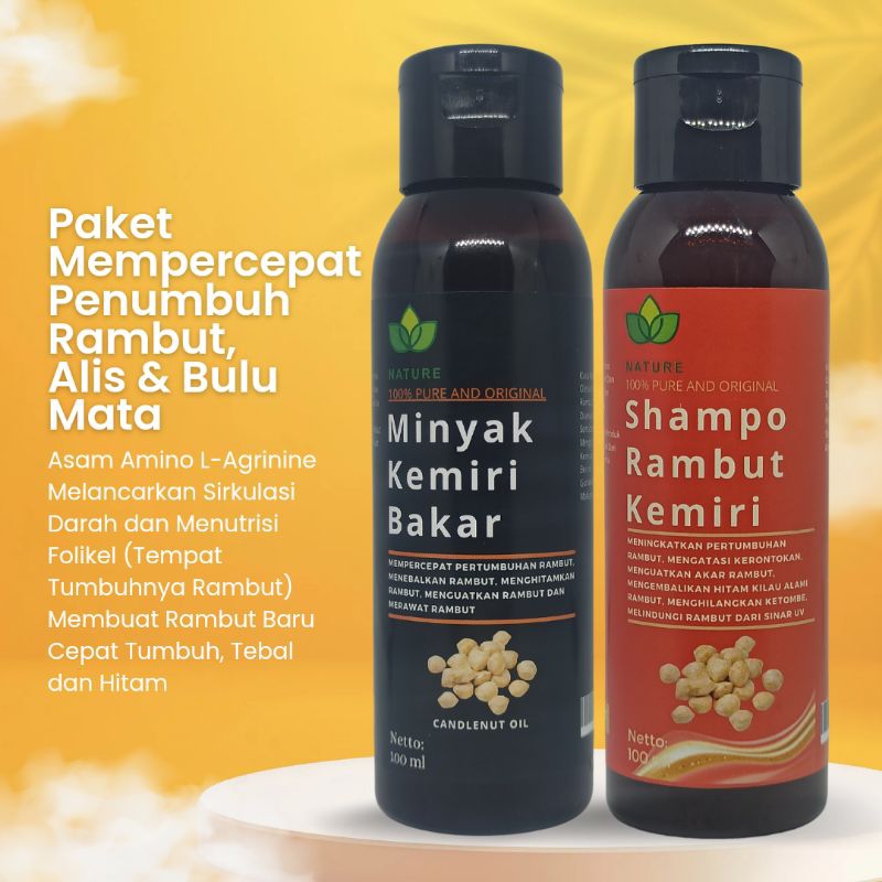 PAKET Nature Minyak Kemiri dan Shampoo Kemiri Penumbuh Rambut Cepat Anti Rontok dan Ketombe Penghita