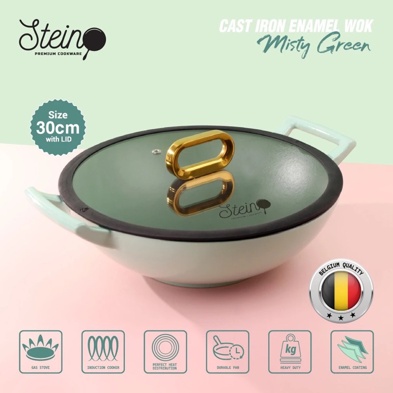 STEIN CAST IRON ENAMEL WOK MISTY GREEN 30CM