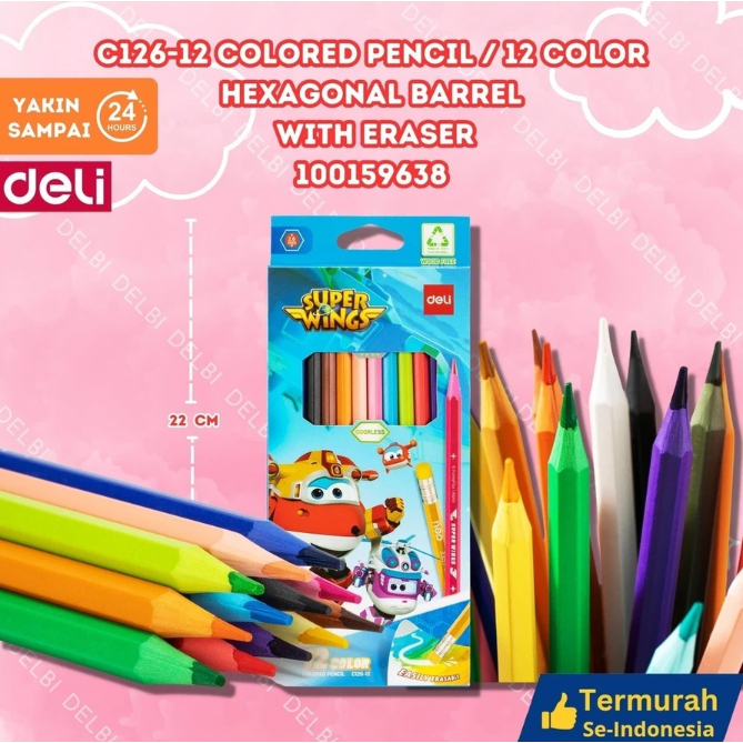 

DELI Pensil Warna Panjang 12 Warna dengan Penghapus Super Wings C126-12, Kualitas Tinggi