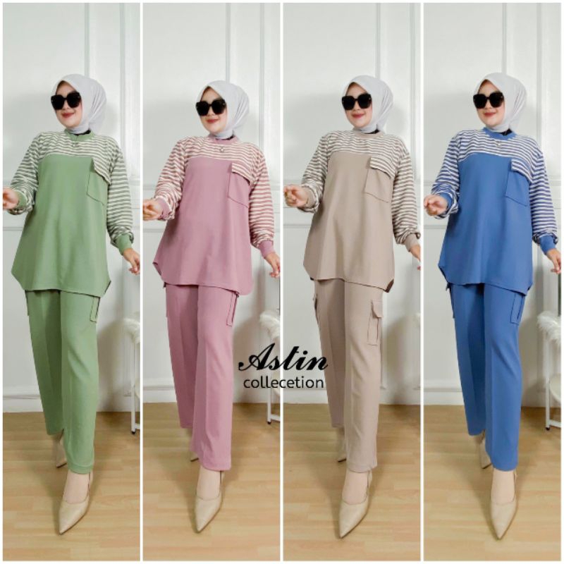 Setelan wanita knit mix salur corduroy/One set wanita knit mix salur corduroy/celana cargo