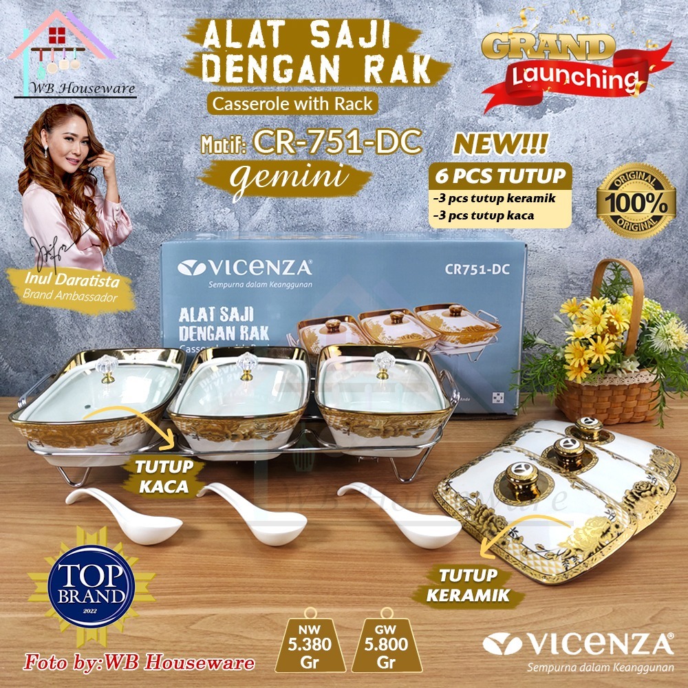 VICENZA Prasmanan set segi isi 3 + tutup kaca dan keramik  + rak / CR751-DC Gemini Alat Saji dengan 