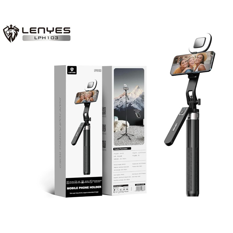 Tongsis LENYES LPH103 Selfie Stick Tripod Kamera HP With Remote Bluetooth Lampu LED Monopod Portable