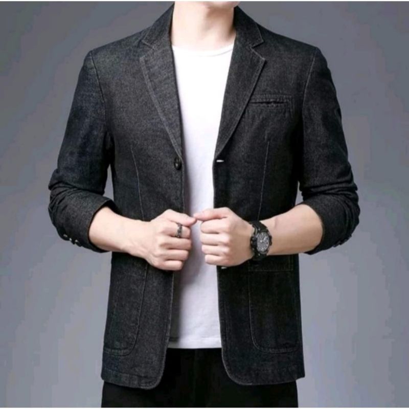 jas blazer slimfit denim pria/jas denim pria tebal