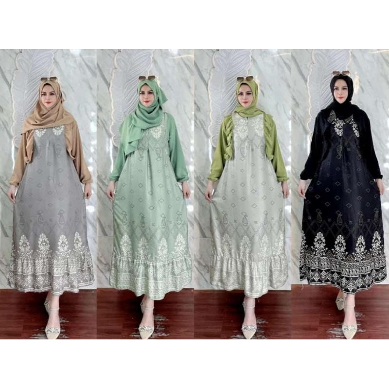 Dress midi jumbo/ dress canda/dress motif set/dress rayon twill premium set jilbab pashmina
