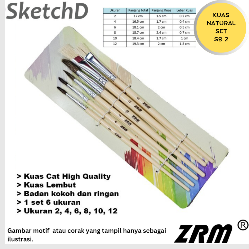 

Kuas Lukis Cat Warna Bulu alami set 6 ZRM SB2 Color Paint Brush Natural bristle