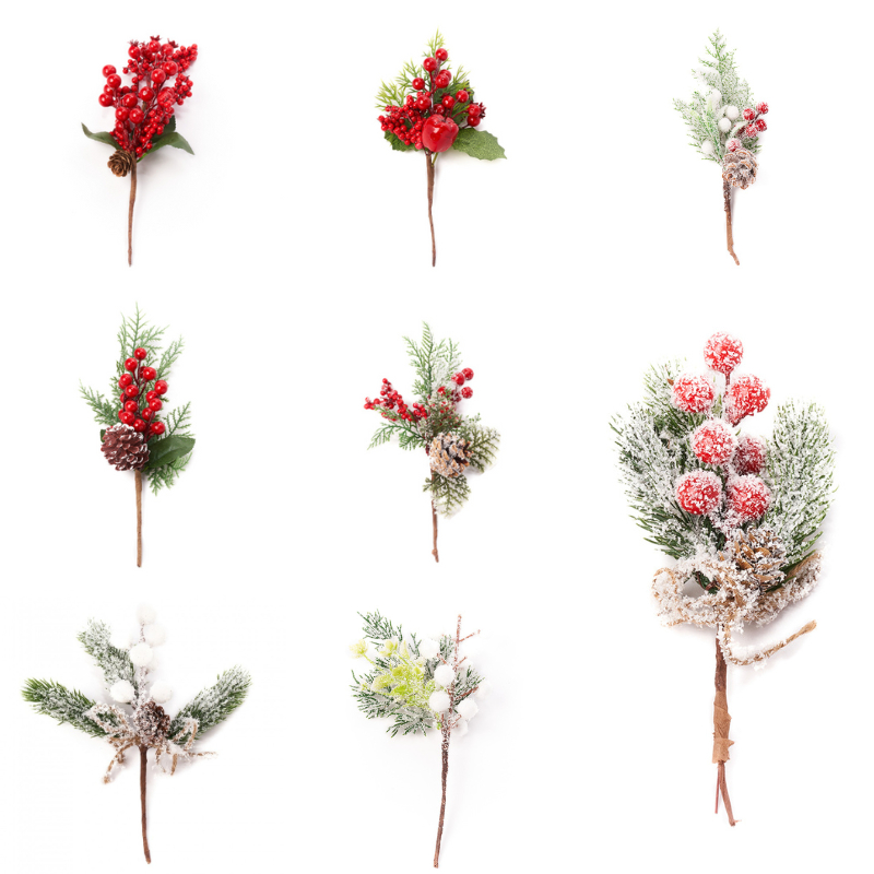 Hiasan Bunga Natal Tangkai Kecil Cherry Merah Putih Pinus Hiasan Aksesoris Dekorasi Hiasan Pohon Nat