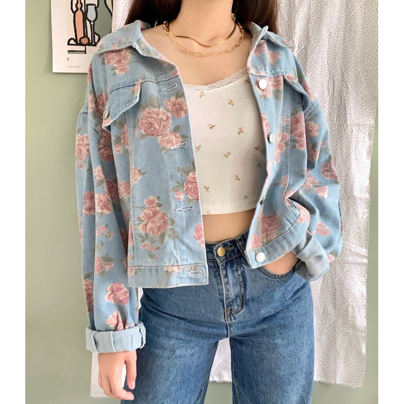 Keely Daily - Mia Floral Oversized Denim Jacket outer jaket jeans kembang bunga wanita crop