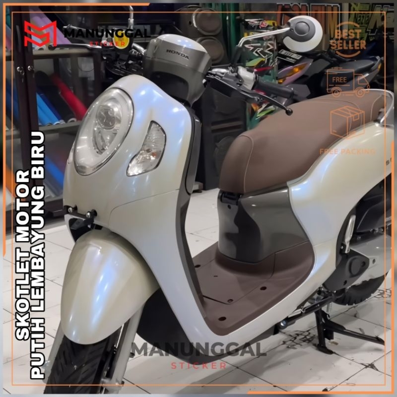 sticker motor putih lembayung biru skotlet variasi putih lembayung