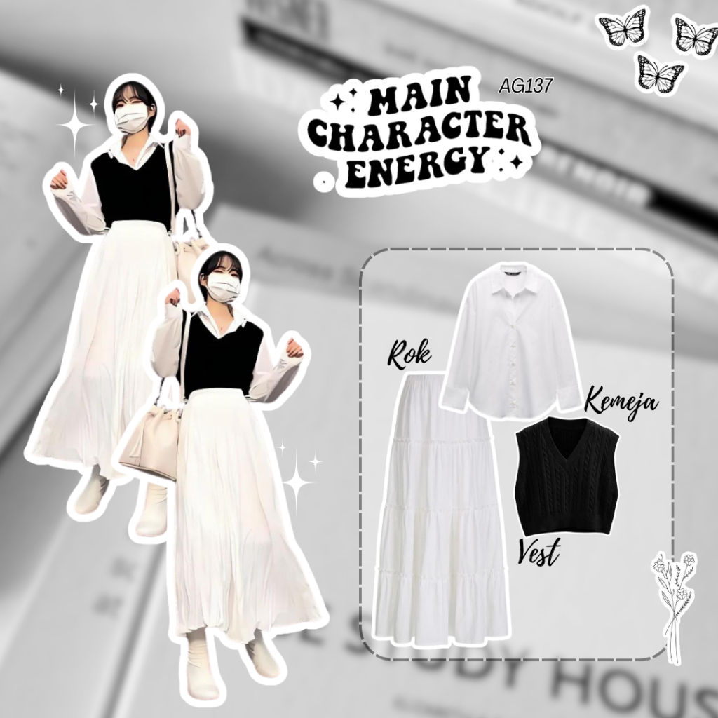 3in1 Outfit Set Korean Style Wanita Terbaru OOTD Korean Style Kemeja Putih Vest Hitam Rok Ruffle Put