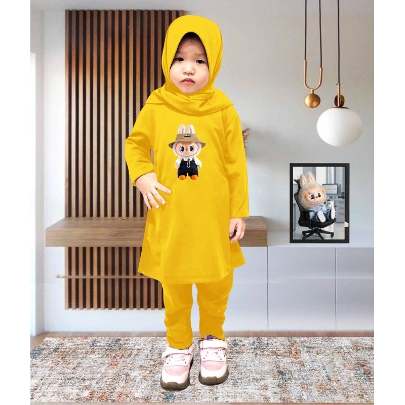 RJ4 setelan tunik anak motif Labubu/umur 4-13 tahun Free Kerudung