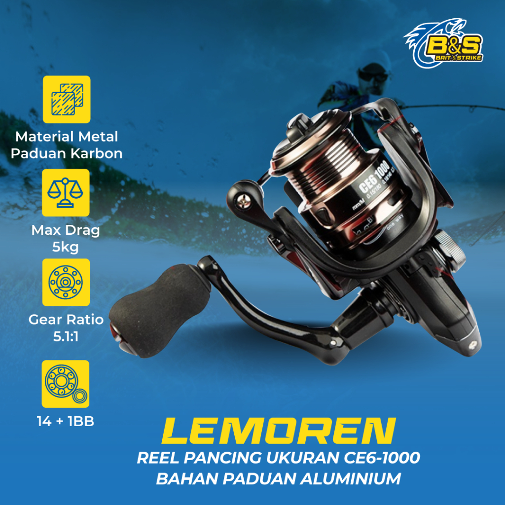Reel LEMOREN pancing Ukuran CE6-1000 bahan paduan Alumunium putaran halus gear rasio 5.1:1 max drag 