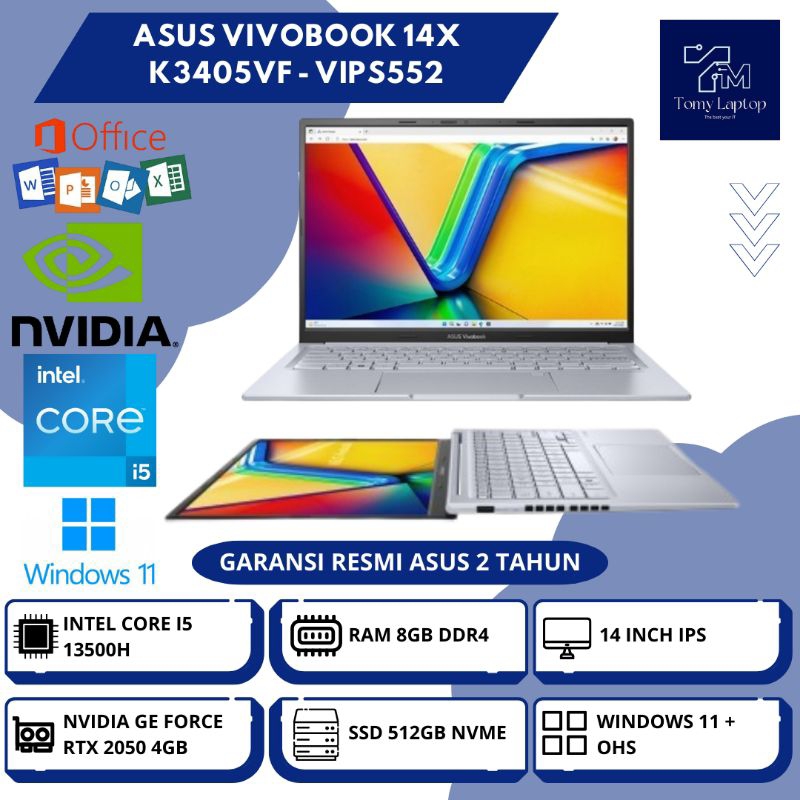 LAPTOP BARU ASUS VIVOBOOK 14X K3405VF/ INTEL CORE I5-13500H/ RAM 8GB DDR4/ SSD 512GB NVME/ 14INCH/ S